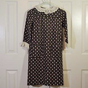 Vintage Girl's School Cotton Dress Navy Blue w/ Floral Design White Lace Trim